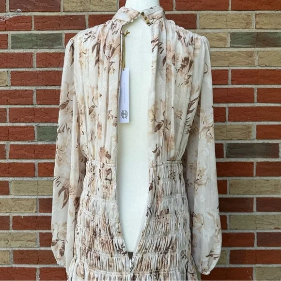 House of Harlow NWT 1960 Long Sleeve Cream Tan Floral Smocked Mini Dress 👗 - Picture 9 of 17